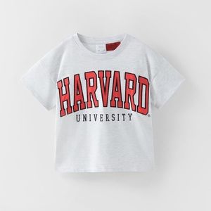 Zara White Tee with Red Harvard Graphic